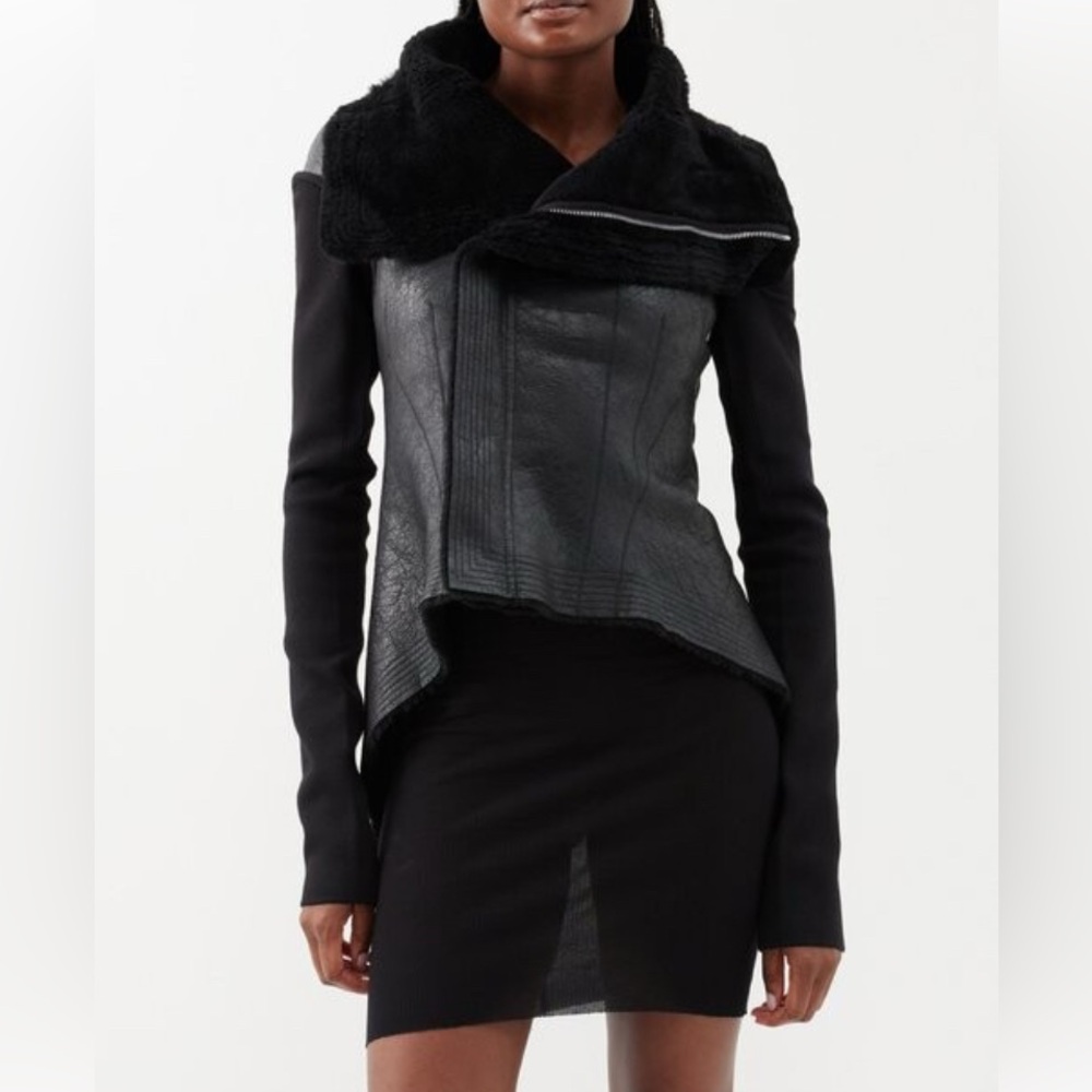 BNWT RICK OWENS Black Shearling Naska Biker Jacket w/ Rib Knit Sleeves, sz IT40